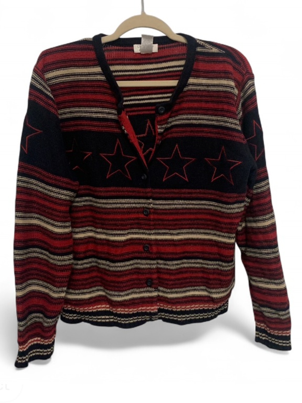 Y2K Christopher & Banks Red and Navy Striped Star Knit Cardigan